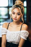 magnifique asiatique Jeune femmes délicat visage ai génératif photo