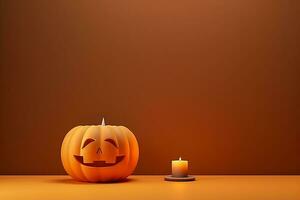 effrayant 3d scène Contexte pour Halloween avec une citrouille sur piédestal bougies. vide espace ai généré photo