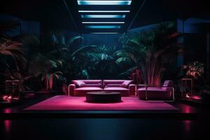 le intérieur de le vivant pièce avec une canapé et intérieur les plantes à nuit avec rose néon éclairage.. ai généré photo