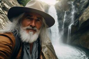 une homme dans une cow-boy chapeau prend une selfie près une cascade. généré par ai photo