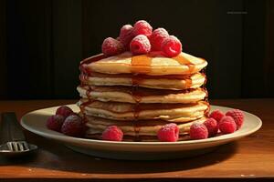 une pile de Crêpes avec framboises et sauce. ai généré photo