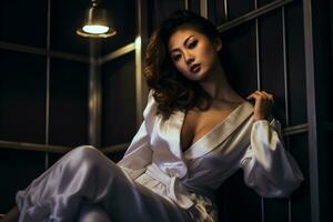 magnifique asiatique fille portant nuit robe dans confortable chambre ai génératif photo