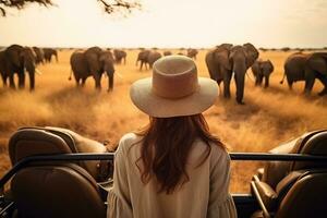 une magnifique femelle touristique explorer une savane ai génératif photo