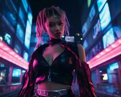 une photo de une fille dans une éclairé au néon cyberpunk tenue dans une futuriste paysage urbain à nuit ai génératif