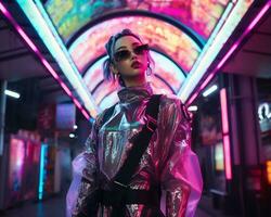 une photo de une fille dans une éclairé au néon cyberpunk tenue dans une futuriste paysage urbain à nuit ai génératif