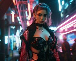 une photo de une fille dans une éclairé au néon cyberpunk tenue dans une futuriste paysage urbain à nuit ai génératif