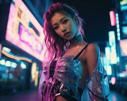 une photo de une fille dans une éclairé au néon cyberpunk tenue dans une futuriste paysage urbain à nuit ai génératif