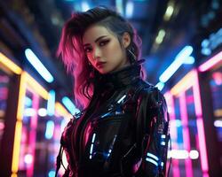 une photo de une fille dans une éclairé au néon cyberpunk tenue dans une futuriste paysage urbain à nuit ai génératif