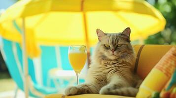 une chat asseoir de canapé avec une verre de jus sur le plage dans été génératif ai photo
