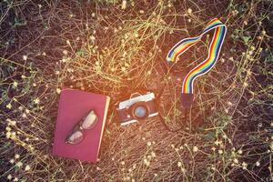 style vintage d'appareil photo rétro avec livre et lunettes dans le flowe