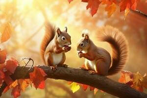 mignonne écureuil dans le l'automne forêt avec l'automne feuilles. photo