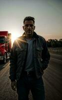 photo de un camion chauffeur avec un camion dans Contexte le coucher du soleil scène génératif ai