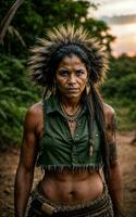 photo de sauvage tribal femme dans le jungle, génératif ai