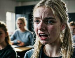 photo de en colère fille adolescent dans école, génératif ai