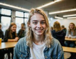 photo de content fille adolescent dans cantine école, génératif ai