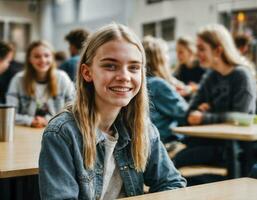 photo de content fille adolescent dans cantine école, génératif ai