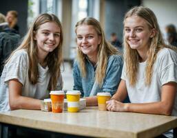 photo de content fille adolescent dans cantine école, génératif ai