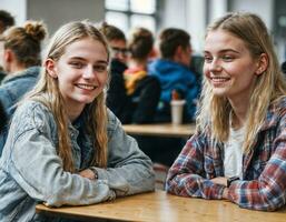 photo de content fille adolescent dans cantine école, génératif ai