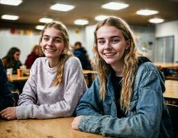 photo de content fille adolescent dans cantine école, génératif ai