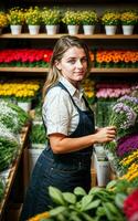 photo de femme comme une fleuriste fleur magasin, génératif ai