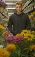 photo de homme comme une fleuriste fleur magasin, génératif ai