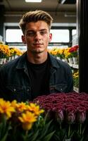 photo de homme comme une fleuriste fleur magasin, génératif ai