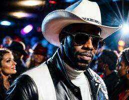 photo de noir africain homme avec blanc tortue cou ,noir des lunettes de soleil, noir cuir veste et blanc cow-boy chapeau, génératif ai