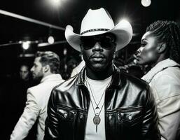 photo de noir africain homme avec blanc tortue cou ,noir des lunettes de soleil, noir cuir veste et blanc cow-boy chapeau, génératif ai