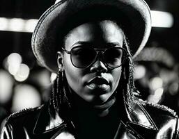 photo de noir africain femme avec blanc tortue cou ,noir des lunettes de soleil, noir cuir veste et blanc cow-boy chapeau, génératif ai