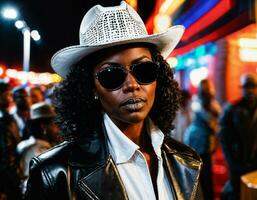 photo de noir africain femme avec blanc tortue cou ,noir des lunettes de soleil, noir cuir veste et blanc cow-boy chapeau, génératif ai