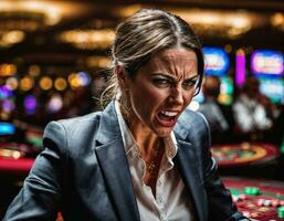 photo de en colère et dérangé joueur femme dans casino, génératif ai