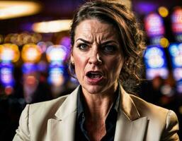 photo de en colère et dérangé joueur femme dans casino, génératif ai