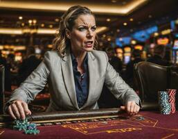 photo de en colère et dérangé joueur femme dans casino, génératif ai