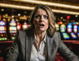 photo de en colère et dérangé joueur femme dans casino, génératif ai