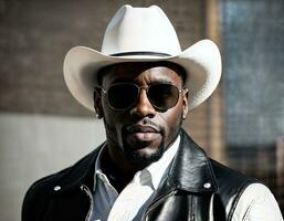 photo de noir africain homme avec blanc tortue cou ,noir des lunettes de soleil, noir cuir veste et blanc cow-boy chapeau, génératif ai