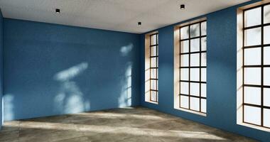 nettoyage chambre, moderne pièce vide bleu mur sur carrelage sol. 3d le rendu photo