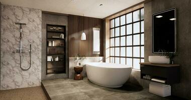 le une baignoire et toilette sur salle de bains Japonais wabi sabi style .3d le rendu photo