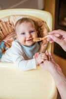 maman alimente sa peu fille fruit purée de une cuillère. premier nourriture photo