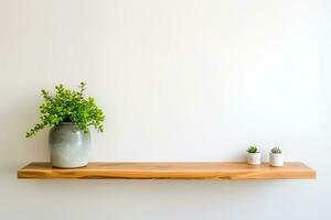 intérieur conception, en bois étagère sur blanc mur avec vert plante. génératif ai. photo