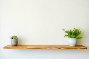 intérieur conception, en bois étagère sur blanc mur avec vert plante. génératif ai. photo