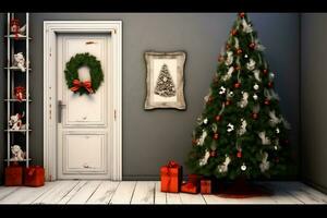 Noël intérieur conception avec porte et arbre.génératif ai. photo