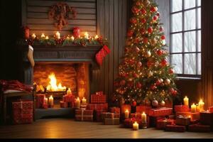 intérieur Noël. la magie embrasé arbre, cheminée et cadeaux. génératif ai. photo