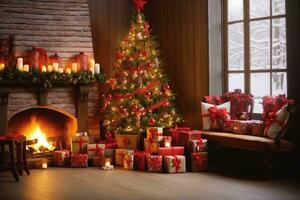 intérieur Noël. la magie embrasé arbre, cheminée et cadeaux. génératif ai. photo