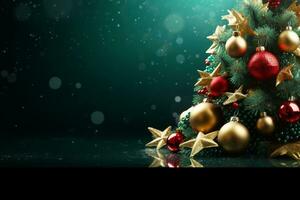 décoré avec ornements et lumières Noël arbre sur foncé vert Contexte. joyeux Noël et content vacances salutation carte, cadre, bannière. génératif ai. photo