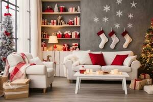magnifique vacances décoré pièce avec Noël arbre avec présente en dessous de il. génératif ai. photo