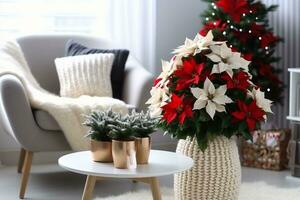 magnifique poinsettia et cadeau boîte sur blanc table dans élégant vivant pièce intérieur. traditionnel Noël fleur. génératif ai. photo