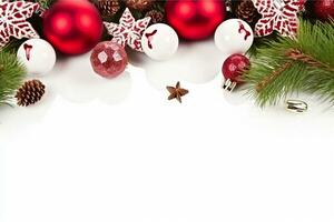 Noël encore vie. rouge jouets, épicéa branches et décoratif Noël ornements sur une blanc Contexte. génératif ai. photo