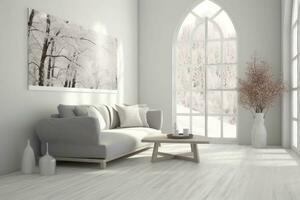 élégant pièce dans blanc Couleur avec canapé et hiver paysage dans la fenêtre. scandinave intérieur conception. 3d illustration. génératif ai. photo