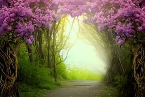 fantaisie Contexte. la magie forêt.belle printemps paysage.lilas des arbres dans fleurir, génératif ai. photo