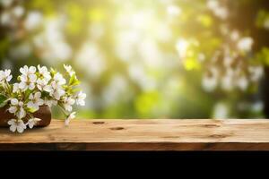 printemps Contexte avec blanc fleurs et rayons de soleil dans de face de une en bois tableau. génératif ai. photo